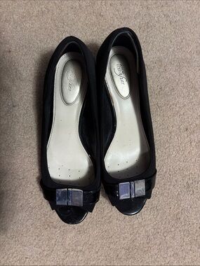 Alfani Black Peep-Toe Ballet Flats with Decorative Metallic Bow